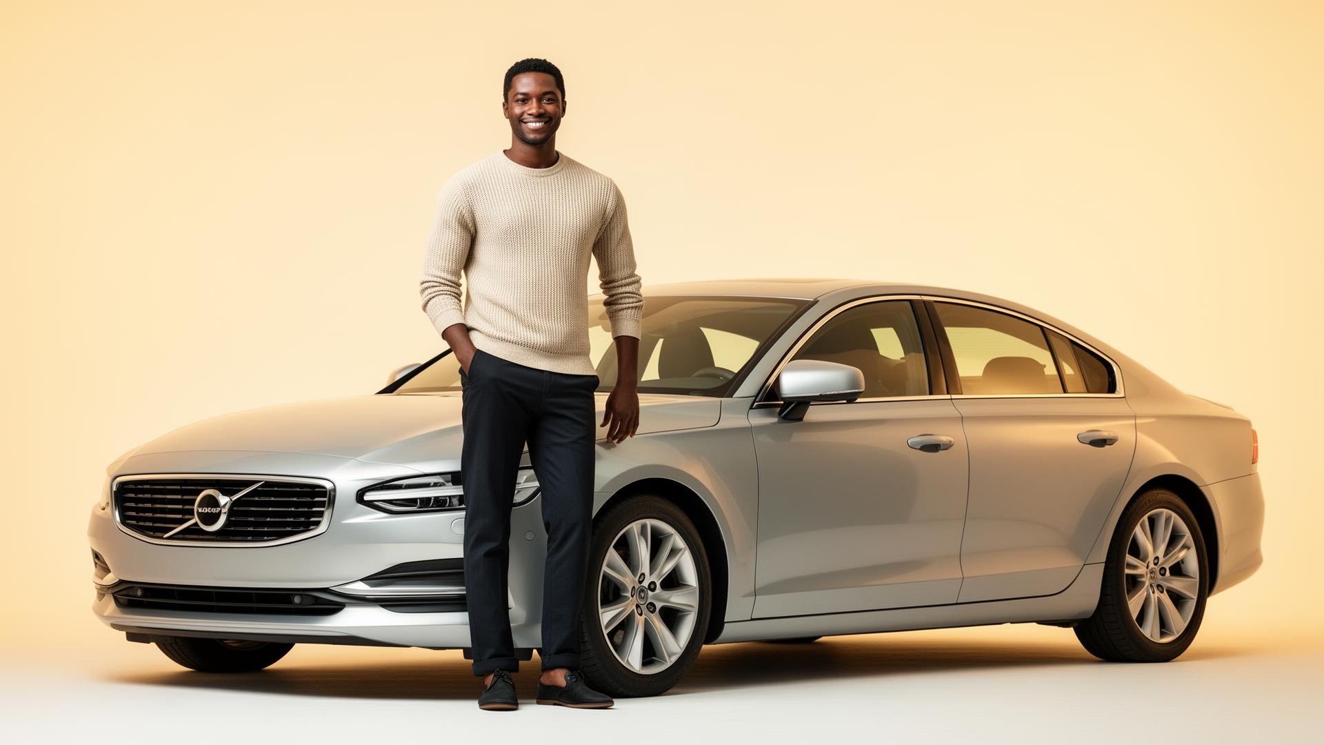 Proud South African EzAuto customer standing beside his rent-to-own sedan